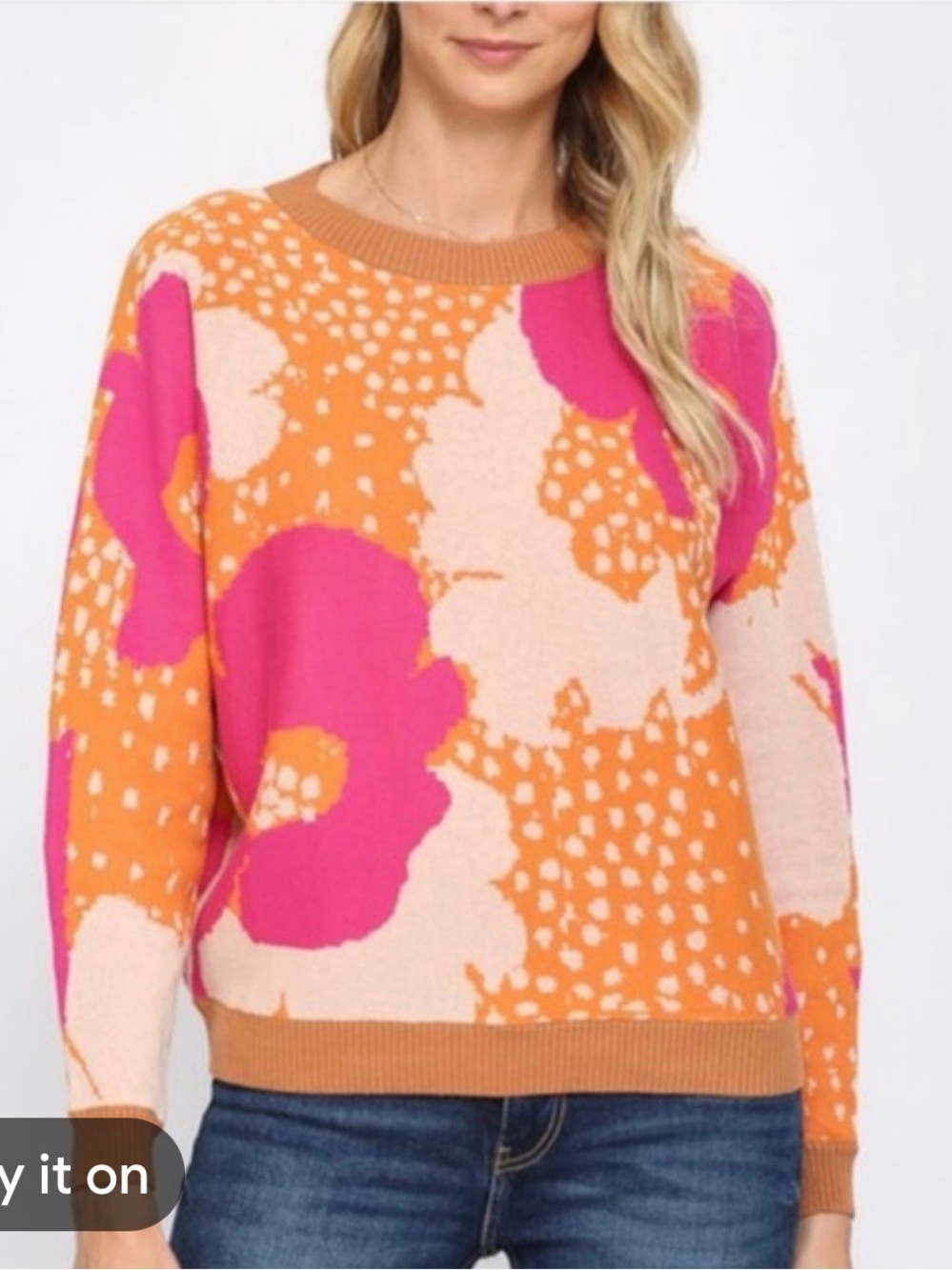*Fate Pink, Orange & Cream Floral Crewneck Sweater with Tan Trim size L*